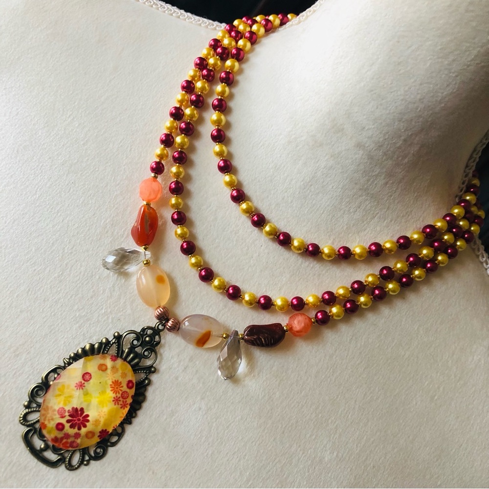 Handcrafted repurpose faceted stone cameo pendant Czech glass Pearl necklace